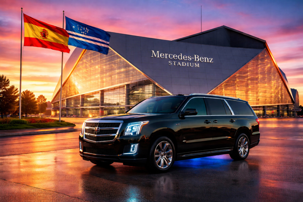 Event limousine service near Mercedes-Benz Stadium at night