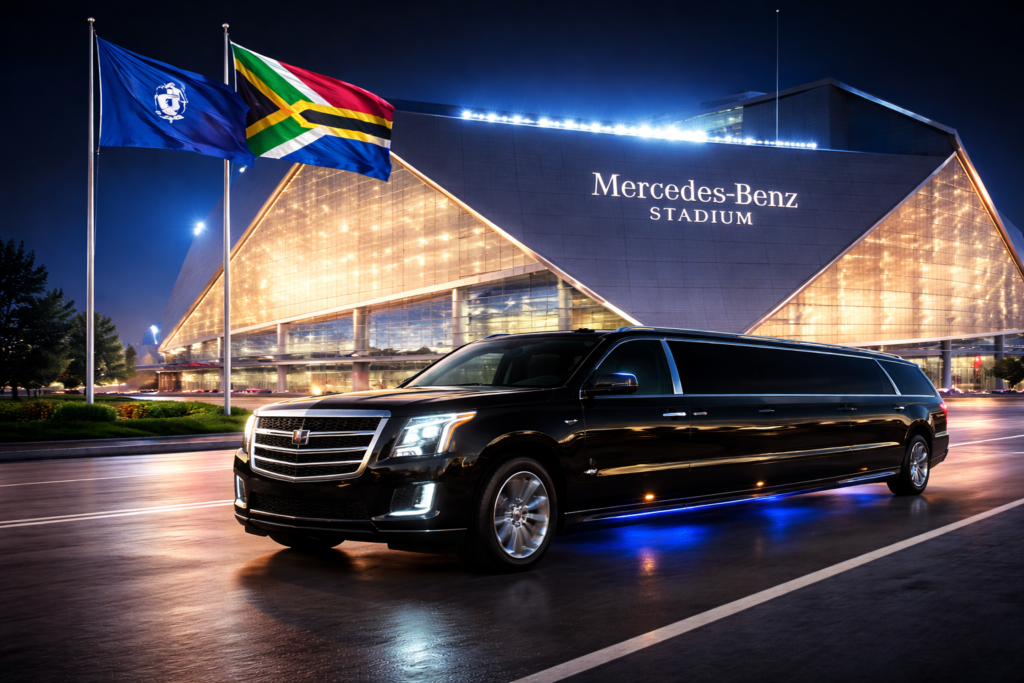 Chauffeur meeting passengers for airport to stadium limo transfer